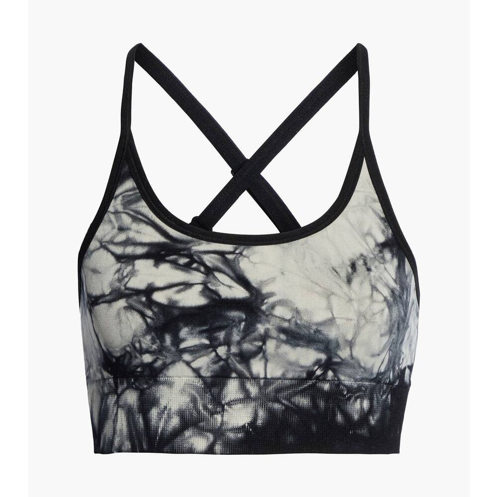 Good American Womens Tie Dyed Stretch Sports Bra 1/2 XS Longline Seamless Black‎